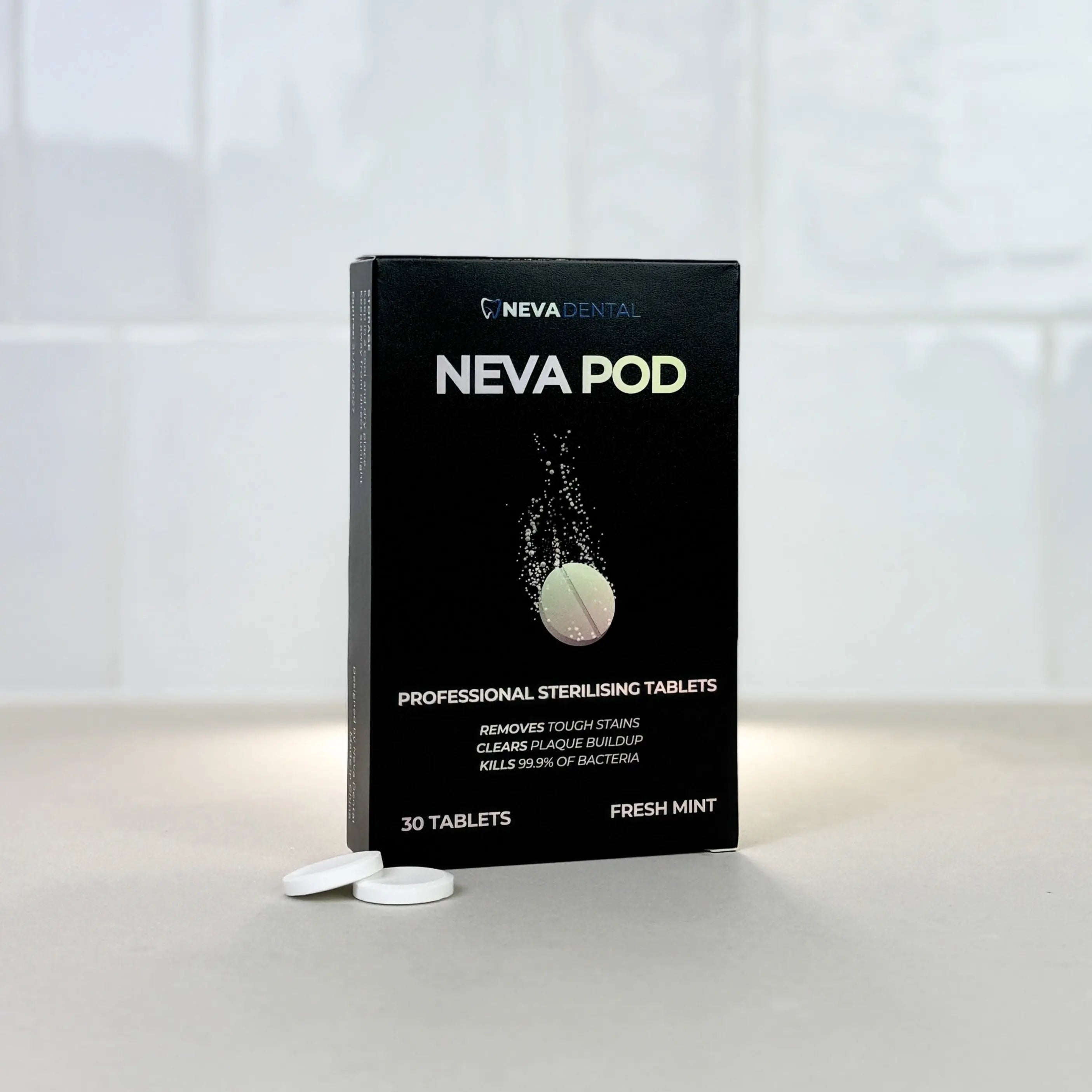 Neva Pod packaging on a white surface with a tiled wall background